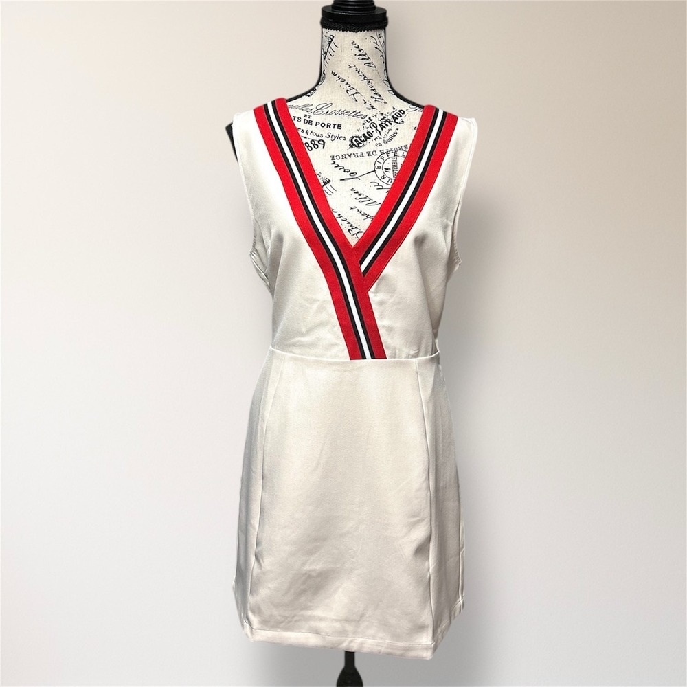 NWT English Factory Anthropologie L Beige Sleeveless Dress Varsity Stripe Retro - Picture 2 of 8